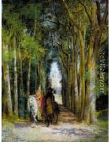 El Paseo De Los Amantes (lovers On Horseback) Oil Painting - Ignacio Leon y Escosura