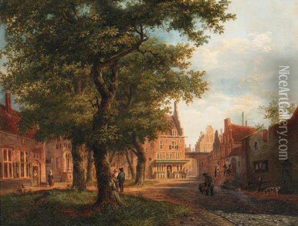 A Village Square With Villagers Conversing Under Trees Oil Painting - Bartholomeus J. Van Hove