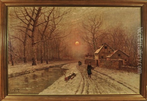 Winterabend Am Verschneiten Flussufer Am Rande Eines Dorfes Mit Personen Oil Painting - Johann Jungblut