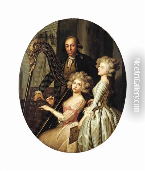 Group Portrait With A Lady Playing The Harp, Another Singing, And A Gentleman, Probably The Instructor, In An Architectural Interior Oil Painting - Marie-Victoire Lemoine