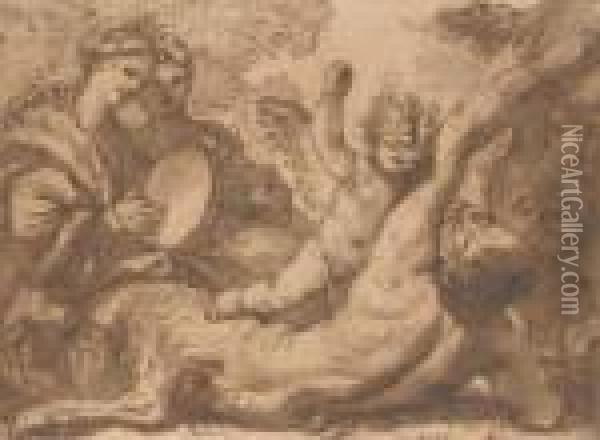 A Putto Striking A Satyr Bound To A Tree, Two Women Playing Atambourine On The Left Oil Painting - Domenico Piola