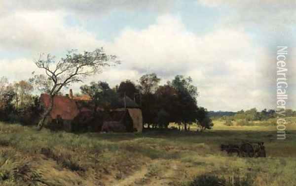 Heading home a farm amongst fields Oil Painting - Julius Jacobus Van De Sande Bakhuyzen