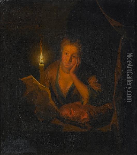 A Lady Contemplating A Letter Bycandlelight Oil Painting - Godfried Schalcken