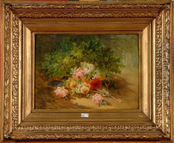 Gerbe De Fleurs A L'ombrelle Et Au Livre Oil Painting - Francois-Joseph Huygens