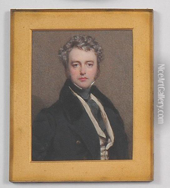 A Miniature Portrait Of A Gentleman, J. Gibson Reeves, Wearing A Black Frock Coat, A White Waistcoat And Black Cravat With Grey Hair Oil Painting - Frederick Cruickshank