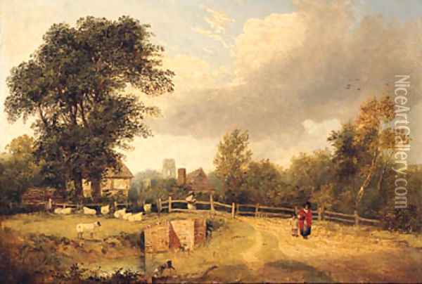 A Wooded River Landscape With Figures On A Path, A Village Beyond Oil Painting - George Vincent
