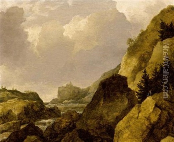 A Scandinavian Rocky River Landscape With Figures Near Trees Oil Painting - Allaert van Everdingen