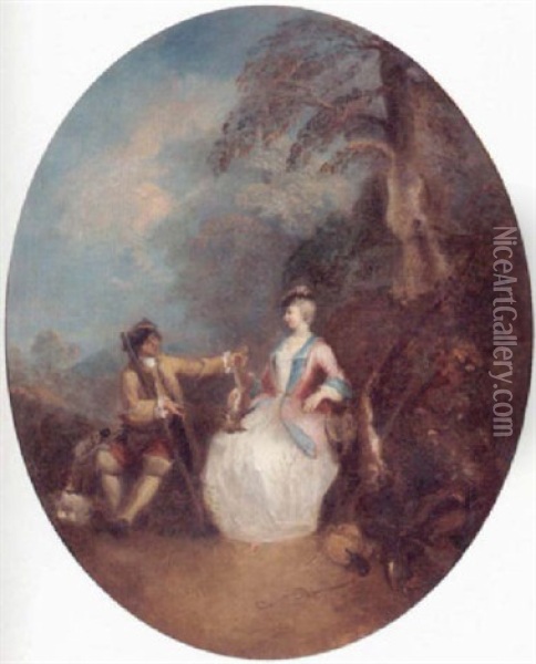 A Wooded Landscape With A Huntsman Offering A Rabbit To An Elegant Lady Oil Painting - Jean-Baptiste Pater