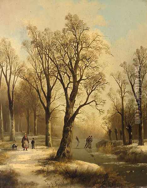 A forest in winter with skaters on a frozen waterway Oil Painting - Jan Jacob Spohler