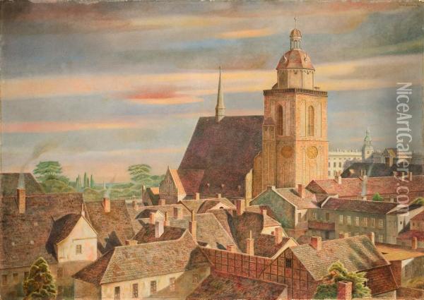 Dessau Xv. Blick Uber Die Stadt Auf Die Schlosskirche St. Marien Oil Painting - Peter Foerster