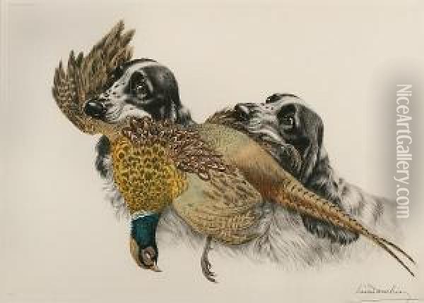 Spaniels Sharing A Pheasant Oil Painting - Leon Danchin