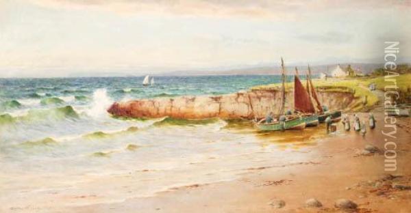 Landing The Catch At Modfre Bay, Anglesey Oil Painting - Warren Williams