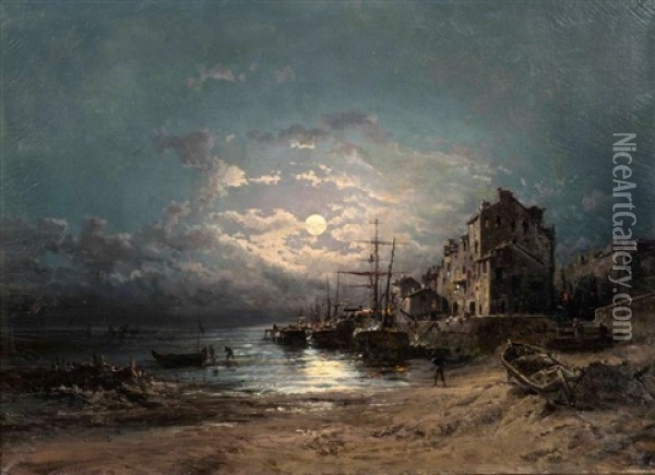 Port Au Clair De Lune Oil Painting - Alfred Godchaux
