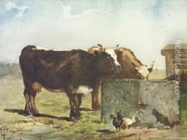 Cattle Watering, Chickens In Foreground Oil Painting - Thomas Collier