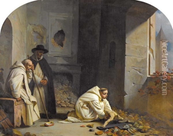 Monche Mit Kruzifix Im Verlassenen Kloster Oil Painting - Jean-Leonard Lugardon