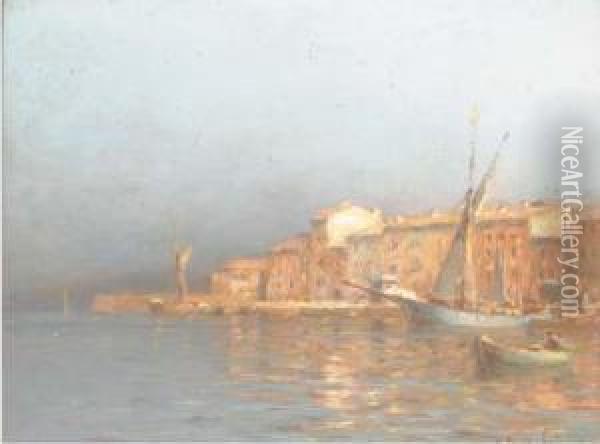 Fishing Craft And Other Vessels In A Mediterranean Harbour Oil Painting - Georges Ricard-Cordingley
