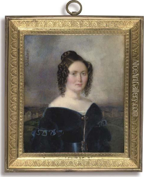 A Young Lady, In Off-the-shoulder Blue Velvet Dress With Lace-bordered White Underdress, Blue Belt Fastened With Gold Buckle, Gold Brooch And Chain Pinned At Corsage, Her Dark Hair Dressed In Ringlets And Upswept In A Plaited Knot; Hill And Town Backgroun Oil Painting - Jean Edme Pascal M. Delacluze