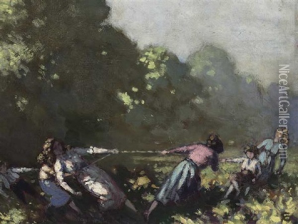A Game Of Tug-o-war Oil Painting - George Russell