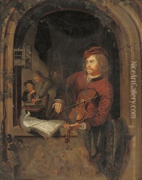 Portrait Of A Fiddler In A Casement Oil Painting - Gerrit Dou