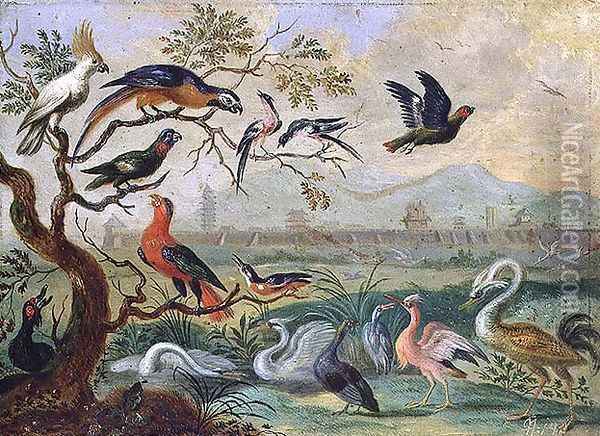 Birds from the Four continents in a landscape with a view of Peking in the background Oil Painting - Ferdinand van Kessel