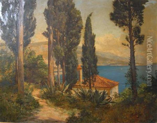 Cypress Trees Overlooking A Mediterranean Bay Oil Painting - Georges Paul Darasse