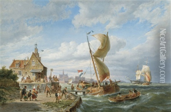 The Busy Pier (1896) Oil Painting - Pieter Cornelis Dommershuijzen