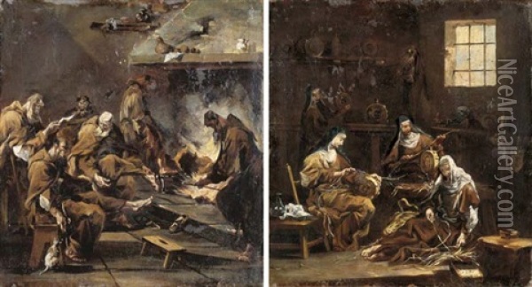 An Interior With Monks Resting By A Fire (+ An Interior With Nuns Spinning; Pair) Oil Painting - Alessandro Magnasco