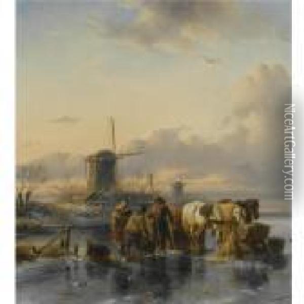 Figures And Horses On Frozen Water Oil Painting - Charles Henri Leickert