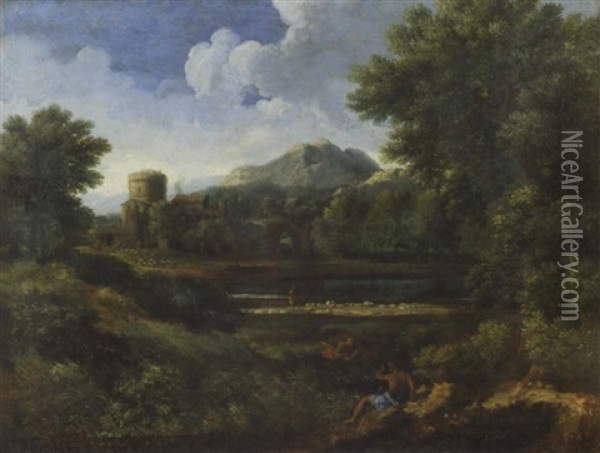 An Extensive Italianate Landscape With Shepards By A River, Flocks Of Sheep And Buildings Beyond Oil Painting - Jan Frans van Bloemen