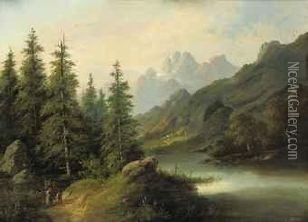 Wanderers In A Forest Landscape Oil Painting - Edouard Boehm