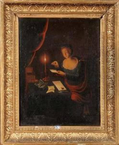 Jeune Fille Ecrivant A La Lueur De La Bougie Oil Painting - Godfried Schalcken