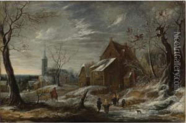 Winter Landscape With Figures And A Town In The Distance Oil Painting - Jan Abrahamsz. Beerstraaten