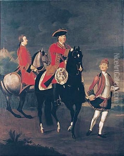 Equestrian Portrait Of Augustus, Duke Of Cumberland, With An Aide De Camp, And A Highland Servant Oil Painting - David Morier