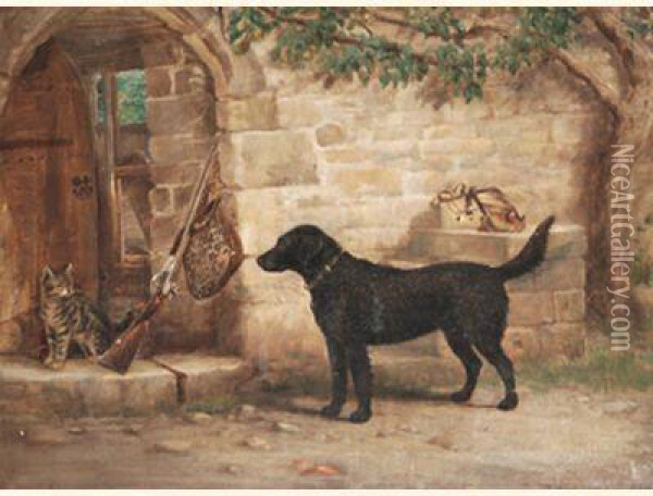 'neptune', A Curly Coated Retreiver Waiting For His Master Oil Painting - William Henderson