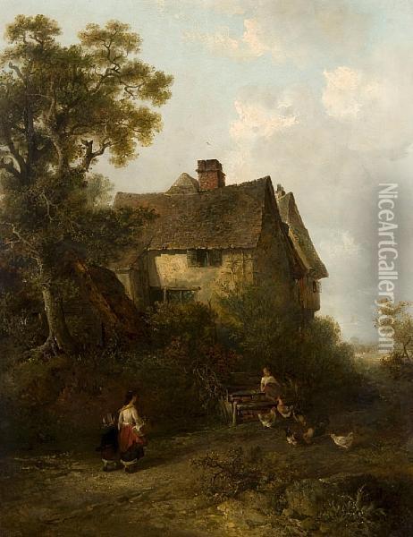 Figures And Chicken Before A Cottage Oil Painting - Edward Robert Smythe