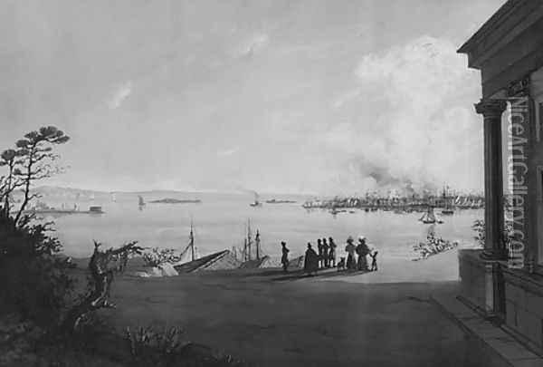 View of the City of New York and Governors Island Taken from Brooklyn Heights on the Morning after the Conflagration Oil Painting - Nicolino Calyo