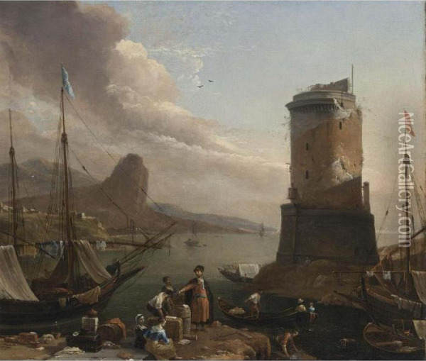 A View Of A Mediterranean Port 
With Ships Moored, Street Vendors On The Quay, And Fishermen Near A 
Watch Tower Oil Painting - Thomas Wyck