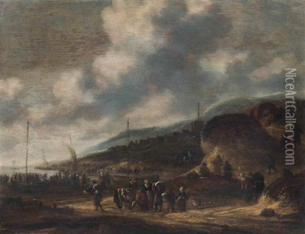 Figures Gathered By Boats On A Shore, A Group Distributing Fish, And A Wagon Travelling On A Path Oil Painting - Thomas Heeremans