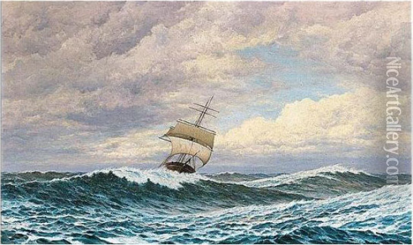 A Masted Ship In Stormy Waters; Seaweed Gatherers On The Shore Oil Painting - Frederick W. Meyer