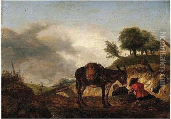 Dune Landscape With Riders And A Mule Resting On A Track Oil Painting - Pieter Wouwermans or Wouwerman