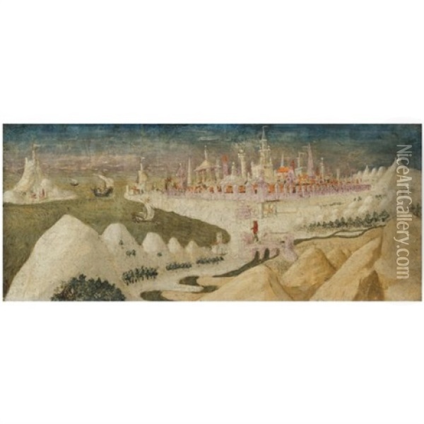 A Panel From A Cassone, Depicting A Fantasy Landscape Oil Painting - Francesco di Giorgio
