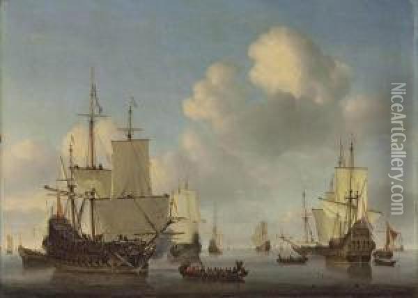 Dutch Men-o'-war And Other Shipping In A Calm Signed 'willem:van Velde F' Oil Painting - Willem van de, the Elder Velde