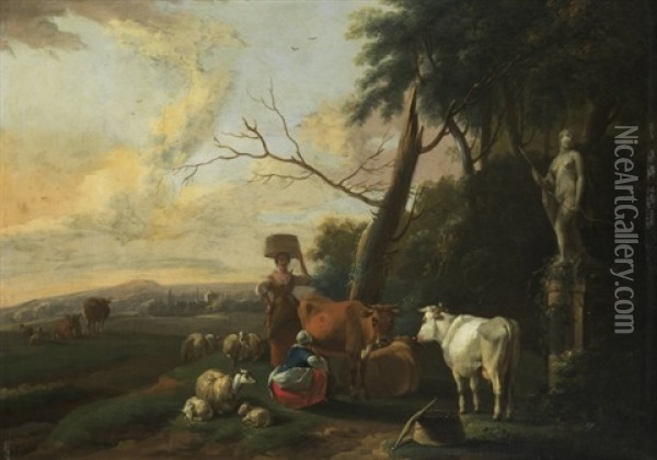 Landschaft Mit Zwei Magden Und Viehherde Oil Painting - Sebastiaen (Bastiaen) Heemskerck