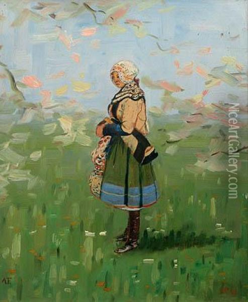Girl In A Folk Dress Oil Painting - Anton Frolka
