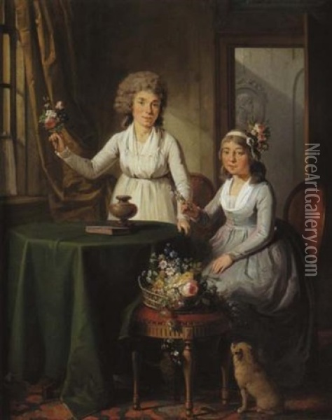 Deux Jeunes Femmes Preparant Un Bouquet Dans Un Interieur Oil Painting - Guillaume Dominique Jacques Doncre
