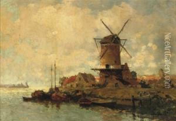 Langs De Merwede: A Windmill On The Bank Of The River Merwede Oil Painting - Gerardus Johannes Delfgaauw