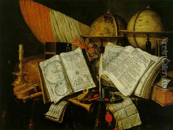 A Vanitas Still Life With A Candlestick, Musical Instruments, Dutch Books And Other Books, All On A Draped Table Oil Painting - Edward Collier