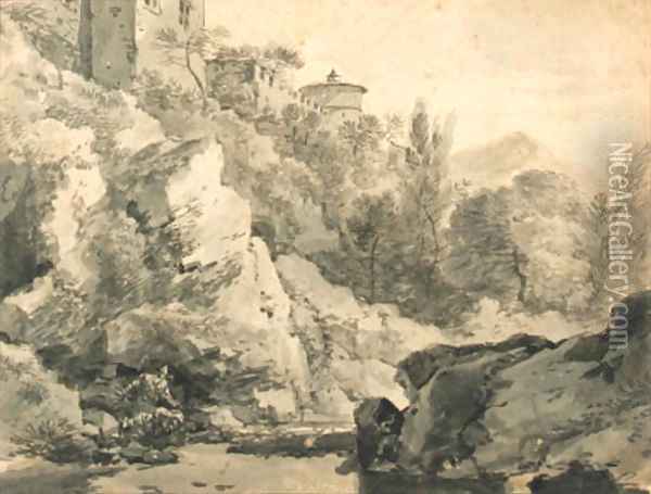 Italianate buildings on a rocky rise by a river, hills beyond Oil Painting - Adrian van der Cabel