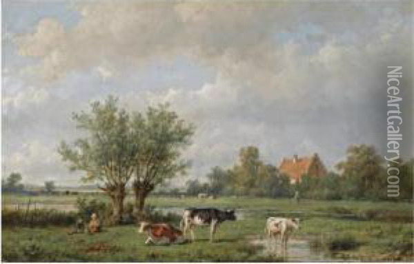 Cattle In A Summer Landscape Oil Painting - Anthonie Jacobus Van Wyngaerts