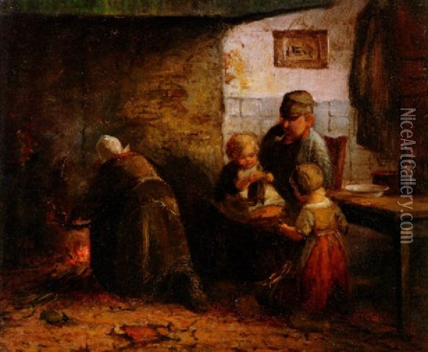 Bauernfamilie Am Kuchenfeuer Oil Painting - Jan Jacobus Matthijs Damschroeder